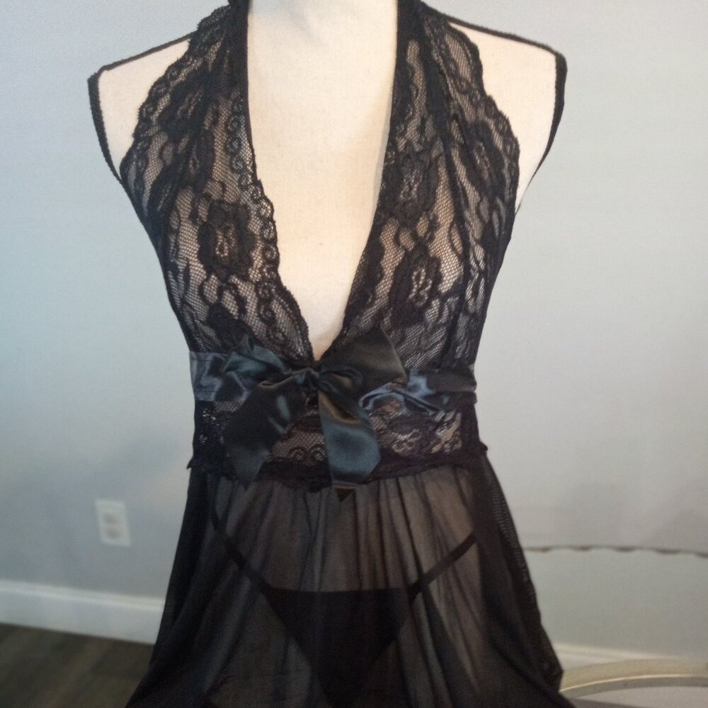 Black Plus Size Womens Halter Style V Neck Baby Doll Set